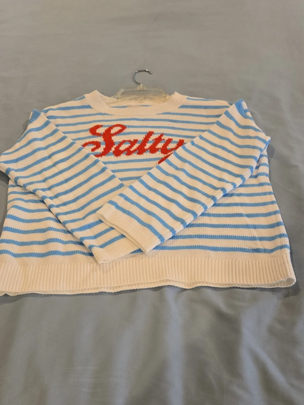 LOFT Blue and White Striped Sweater with Embroidered Red 'Salty' Script - Picture 8 of 8